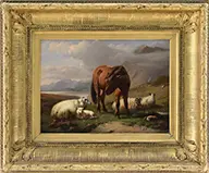 Adolphe Robert Daniel Jones, Sheep and Horse in Highland Landscape, Oil on canvas