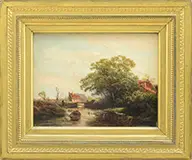 Landscape with Water, Figure and Houses by Pieter Kluyver, Oil on wood panel, sold Aug 2015
