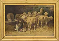 Jules Bahieu, Sheep and Chickens in Barn, Oil on canvas