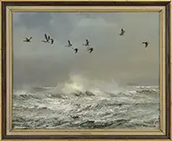 Pieter D Dik, Grauwe Ganzen Boven De Branding, Oil on canvas