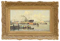 Jan van Delden, Steam Ship in Port, Oil on canvas
