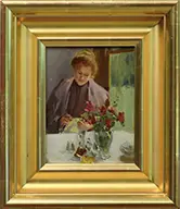 Edward Dufner, Mother” Woman Sewing, Oil on board