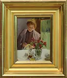 Edward Dufner, Mother” Woman Sewing, Oil on board