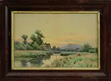 William Frederick Paskell, Sunset Landscape with House Water and Mountain, Watercolor on paper