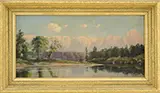 Henrietta S. Quincy, Two Works: Landscape with Water and Unsigned Waterfall, Oil on canvas and oil on board Both housed in fine period gilt gesso decorated frames