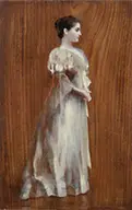 August Benziger, Full Length Portrait of a Lady in a White Gown, Oil on mahogany panel