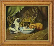 Unsigned, Kittens Enjoying a Bowl of Milk, Oil on canvas