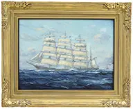 Andrew Winter, Barque and Distant Tug, Oil on board depicting a three masted schooner in full sail with a steam ship in the background