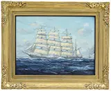 Andrew Winter, Barque and Distant Tug, Oil on board depicting a three masted schooner in full sail with a steam ship in the background