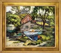 Under Repairs at Beacon Marina by Ken Knowles, Oil on canvas boatyard scene shows two sailboats at dry dock at the base of a hill with several houses, sold Feb 2010