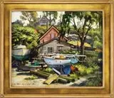 Ken Knowles, Under Repairs at Beacon Marina, Oil on canvas boatyard scene shows two sailboats at dry dock at the base of a hill with several houses
