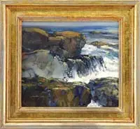 Jonathan Hotz, Surf at Bass Rocks, Oil on canvas scene shows a receding wave on large rock shoreline. The wave with yellow splashed white water
