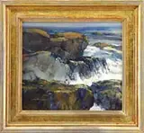 Jonathan Hotz, Surf at Bass Rocks, Oil on canvas scene shows a receding wave on large rock shoreline. The wave with yellow splashed white water