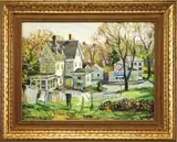 Ken Knowles, Wash Day, Oil on canvas New England scene shows clothesline with drying clothes on a side hill with Colonial homes and trees