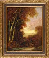 Thomas Moran, Morning Light, Fine oil on board early morning scene shows a yellow sunrise with pink hues through a clearing in woods and bushes