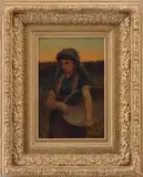 Willard Metcalf, End of the Day, Oil on canvas scene shows a French girl with country dress and wooden bowl leaving the fields under a setting sun sky