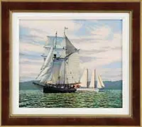 Alan Nakano, R Tucker Thompson and Sophia Christina, Acrylic on board nautical scene shows two schooners passing each other on a colorful rippled water with hills beyond