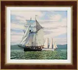 Alan Nakano, R Tucker Thompson and Sophia Christina, Acrylic on board nautical scene shows two schooners passing each other on a colorful rippled water with hills beyond