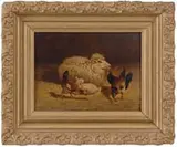 Nicholas Winfield Scott Leighton, Sheep and Chickens, Oil on board interior barn scene shows an ewe and a lamb resting on a straw floor with three chickens beside