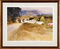 Joyce Williams, New England Spring, Watercolor scene shows a dirt road winding downhill towards small New England village