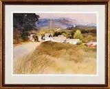 Joyce Williams, New England Spring, Watercolor scene shows a dirt road winding downhill towards small New England village