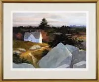 Joyce Williams, Edge of the Quarry, Fine watercolor Maine scene shows the edge of a rock quarry looking over to a farmhouse with trees and fields