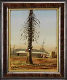 Stephen Etnier, Palm in the Caribbean, Oil on canvasboard island scene shows the trunk of a tall palm tree with buildings, figure and hills beyond