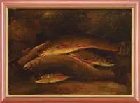 Seth W. Steward, A Catch of Brook Trout, Oil on canvas scene shows 5 brook trout laying atop each other in a naturalistic shoreline landscape