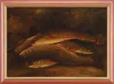 Seth W. Steward, A Catch of Brook Trout, Oil on canvas scene shows 5 brook trout laying atop each other in a naturalistic shoreline landscape