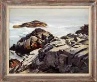 Abraham Bogdanove, Monhegan Surf, Oil on canvas shoreline scene shows calm water with small waves and granite rock shoreline