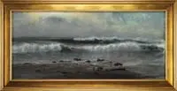 Charles Dorman Robinson, The Breakers, Oil on canvas beach scene shows two large green waves with white caps crashing onto pebble strewn sandy beach