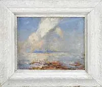 John Clifford Huffington, Sky, Sea and Sand, Oil on masonite scene shows a blue with white cloud sky reflected in calm water leading to a sandy shoreline