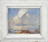 John Clifford Huffington, Sky, Sea and Sand, Oil on masonite scene shows a blue with white cloud sky reflected in calm water leading to a sandy shoreline
