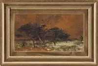 William Trost Richards, Deal, New Jersey Coastal Landscape, Oil and watercolor coastal scene shows water beyond a line of trees, grass and flowers
