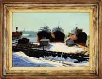 James Ford Clymer, Cargo Ships at Dock, Oil on masonite scene shows four cargo ships moored to dock area and boatyard in winter