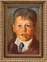 Robert Henri, Portrait of a Boy, Oil on board shoulder length portrait of a boy wearing a white shirt, blue tie and red coat