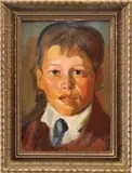 Robert Henri, Portrait of a Boy, Oil on board shoulder length portrait of a boy wearing a white shirt, blue tie and red coat