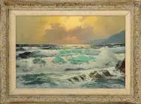Alexander A. Dzigurski, West Coast Sunset, Oil on canvas scene shows waves crashing onto foreground rocks with coastline on right under colorful setting sun sky
