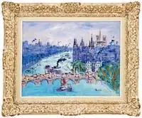 Jean Dufy, La Seine, Oil on canvas Paris scene shows a birdseye view overlooking the river with tugboats, bridges, buildings and bridge track