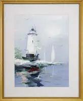 Charles C Gruppe, Coastal Light, Acrylic coastal scene shows a large white lighthouse with sail off point of land