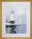 Charles C Gruppe, Coastal Light, Acrylic coastal scene shows a large white lighthouse with sail off point of land