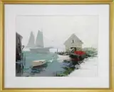 Charles C Gruppe, Harbor View, Acrylic scene shows a two mast schooner heading left to right in harbor view with dock, buildings and boats