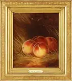 William Mason Brown, Peaches, Oil on canvas still life scene shows four peaches nestled in a cradle of grass