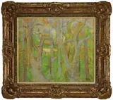 Richard Kapral, Through the Trees, Oil on canvas scene shows a white house through undulating trees in light colors