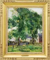 Tod Lindenmuth, Landscape with Trees and Barn, Oil on canvas board scene shows two tall maples towering over a fenced barnyard