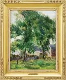 Tod Lindenmuth, Landscape with Trees and Barn, Oil on canvas board scene shows two tall maples towering over a fenced barnyard
