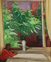 William Auerbach-Levy, A Glimpse of Spring, Oil on canvas interior scene shows a figure beside a large window looking out to inner city trees with spring foliage