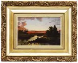 Louis Rémy Mignot, River Sunset, Oil on canvas landscape shows a river with grass-covered banks and trees under a sunset sky with colorful clouds