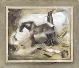 Grace Genoi Pettit, November Chill, Oil on board exterior scene shows a brown horse against a snow covered hillside with tree trunk