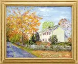 William Jachwak, Fall on Cafferty Rd, Buck, Co, PA.”. Oil on canvas fall scene shows a connected Colonial building with picket fence with colorful maple tree